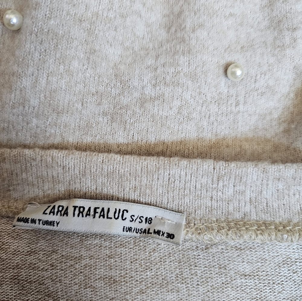Zara Sweater Beige Tan Knit Pearl Accent Front, Size L - Picture 5 of 6